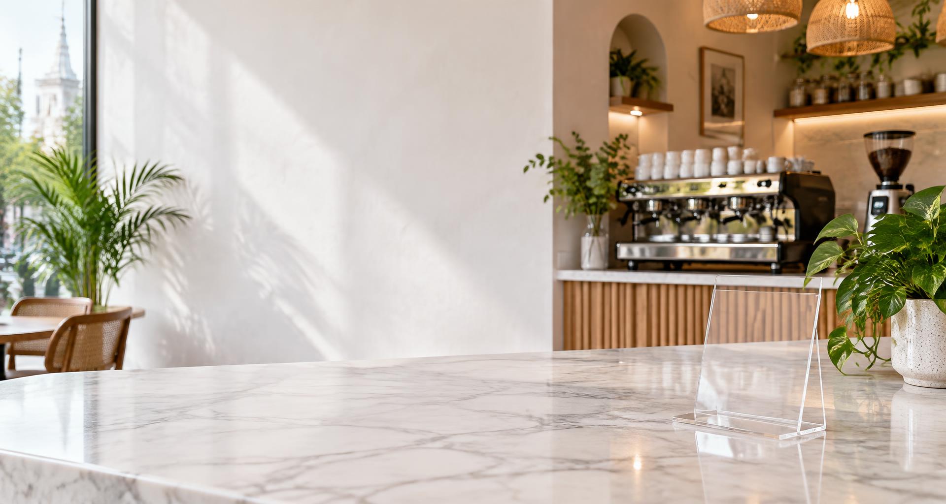 A bright café counter with a card stand